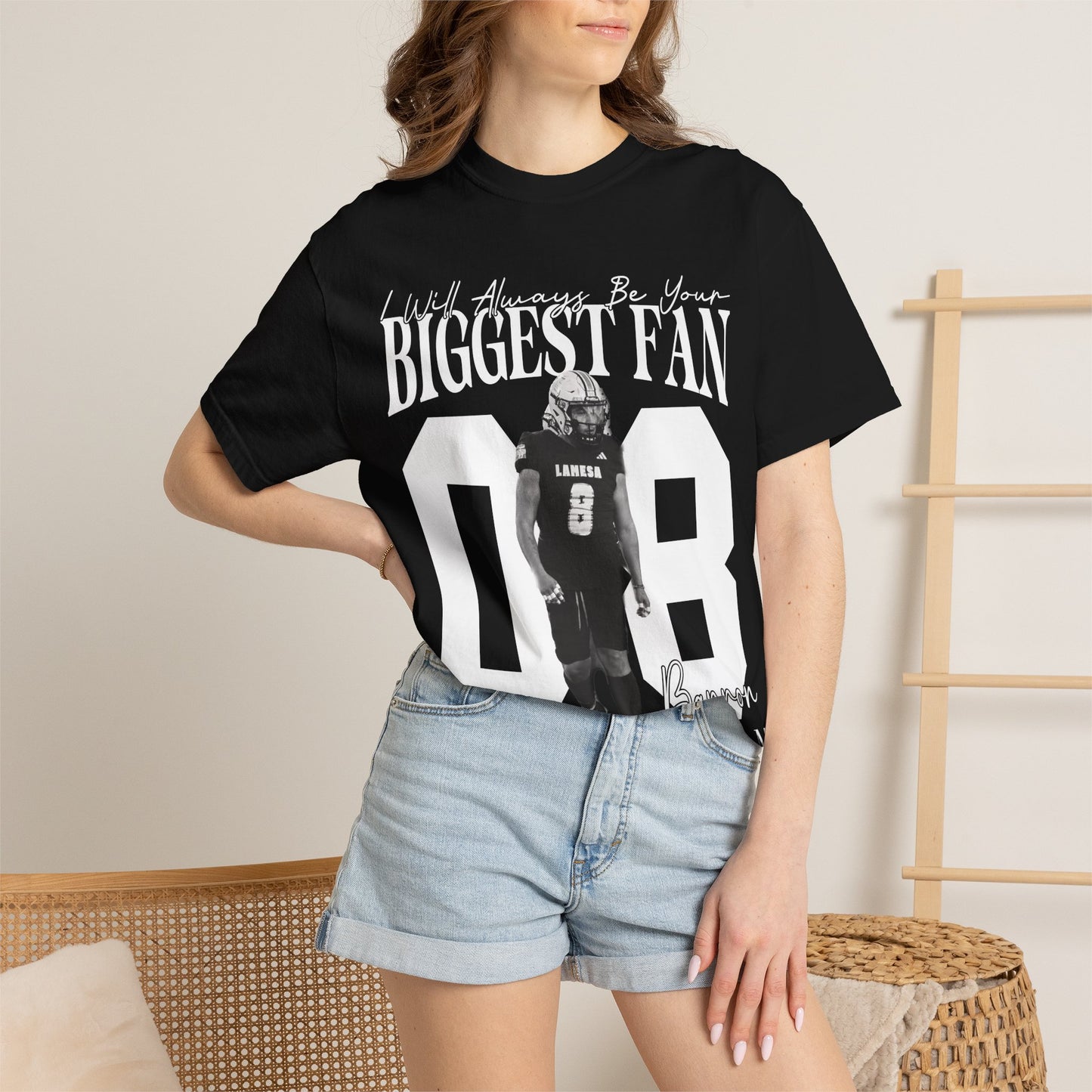 Football Mom T-Shirt — "I'll Always Be Your Biggest Fan" Player Number 08