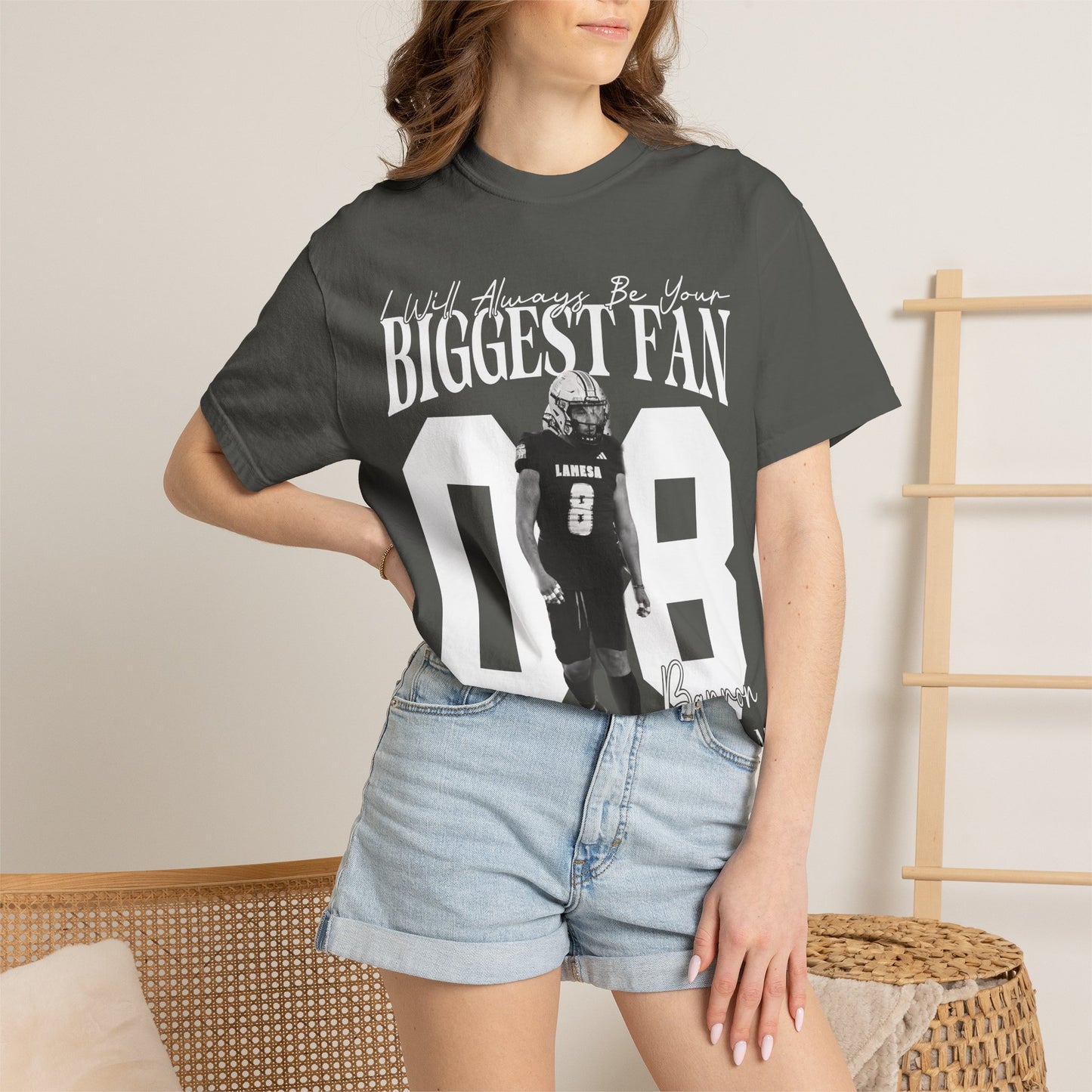 Football Mom T-Shirt — "I'll Always Be Your Biggest Fan" Player Number 08