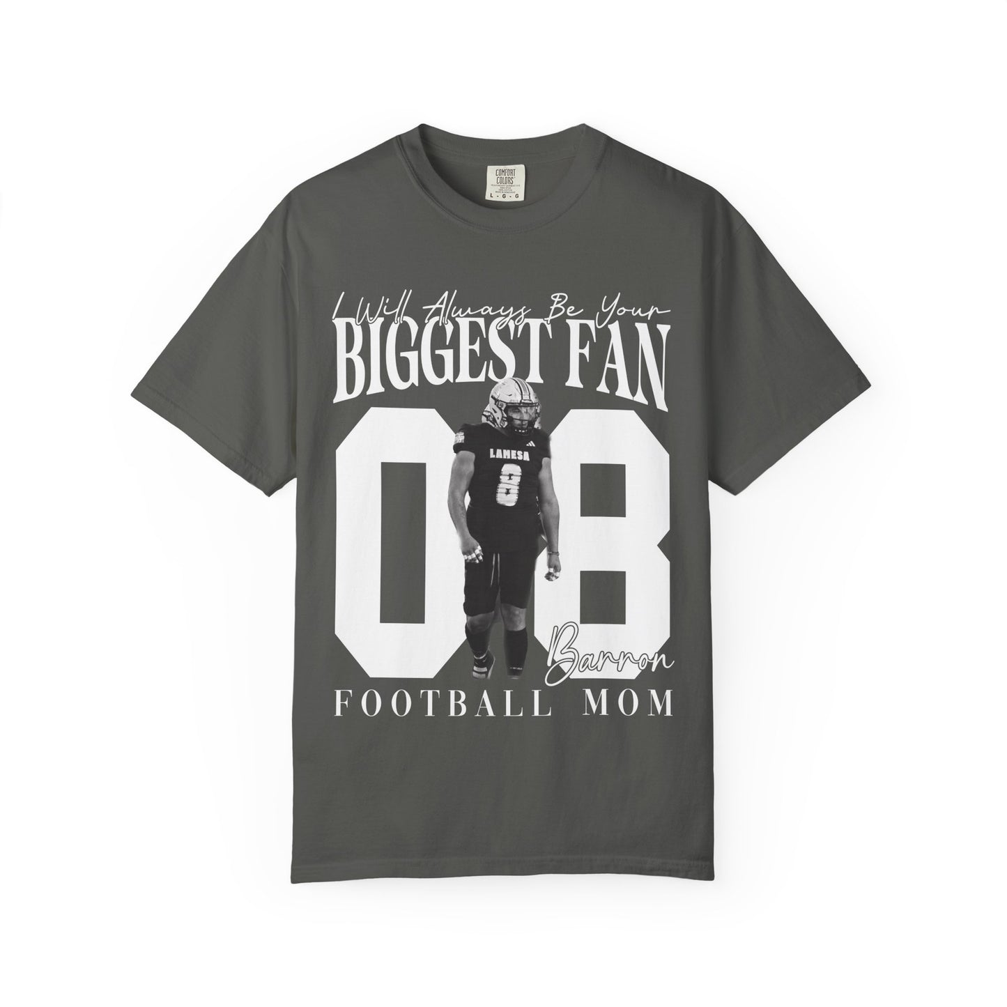 Football Mom T-Shirt — "I'll Always Be Your Biggest Fan" Player Number 08