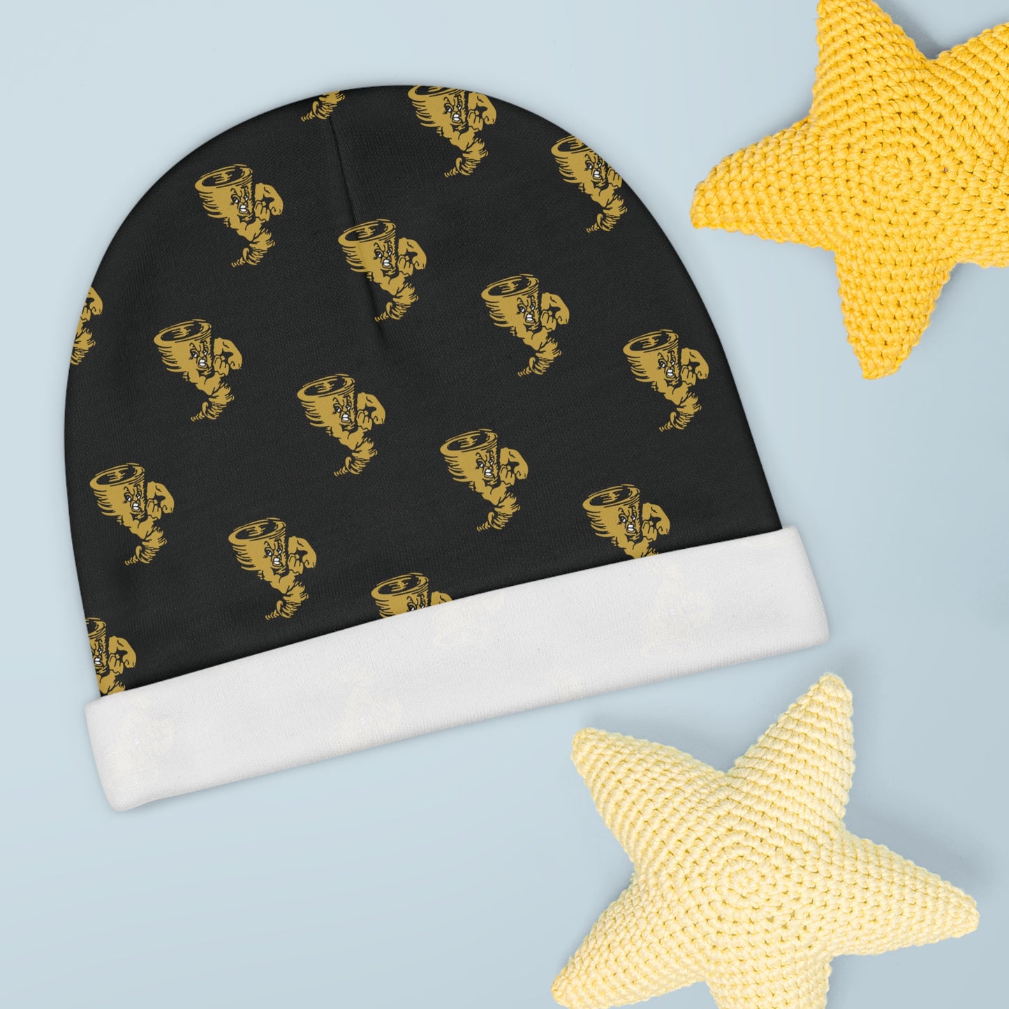 Baby Beanie - Gold Coffee Cup Pattern on Black (Infant Knit Cap)