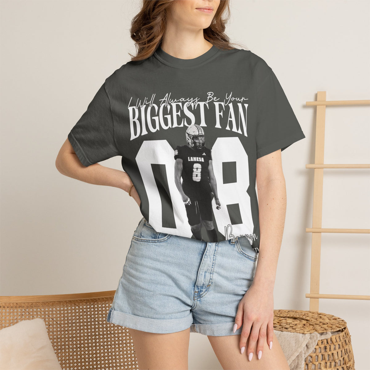 Football Mom T-Shirt — "I'll Always Be Your Biggest Fan" Player Number 08
