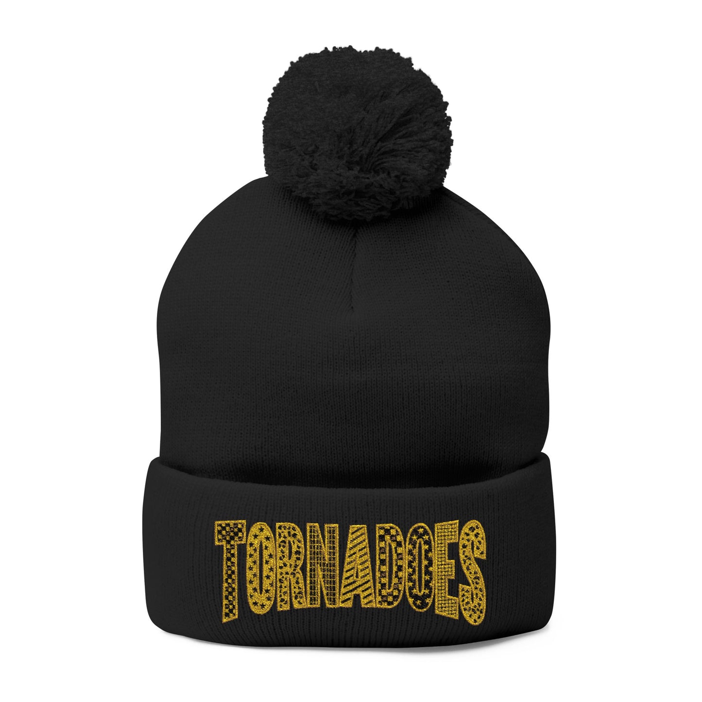 Embroidered Pom-Pom Knit Cap — Cozy Winter Beanie with Cuffed Embroidery