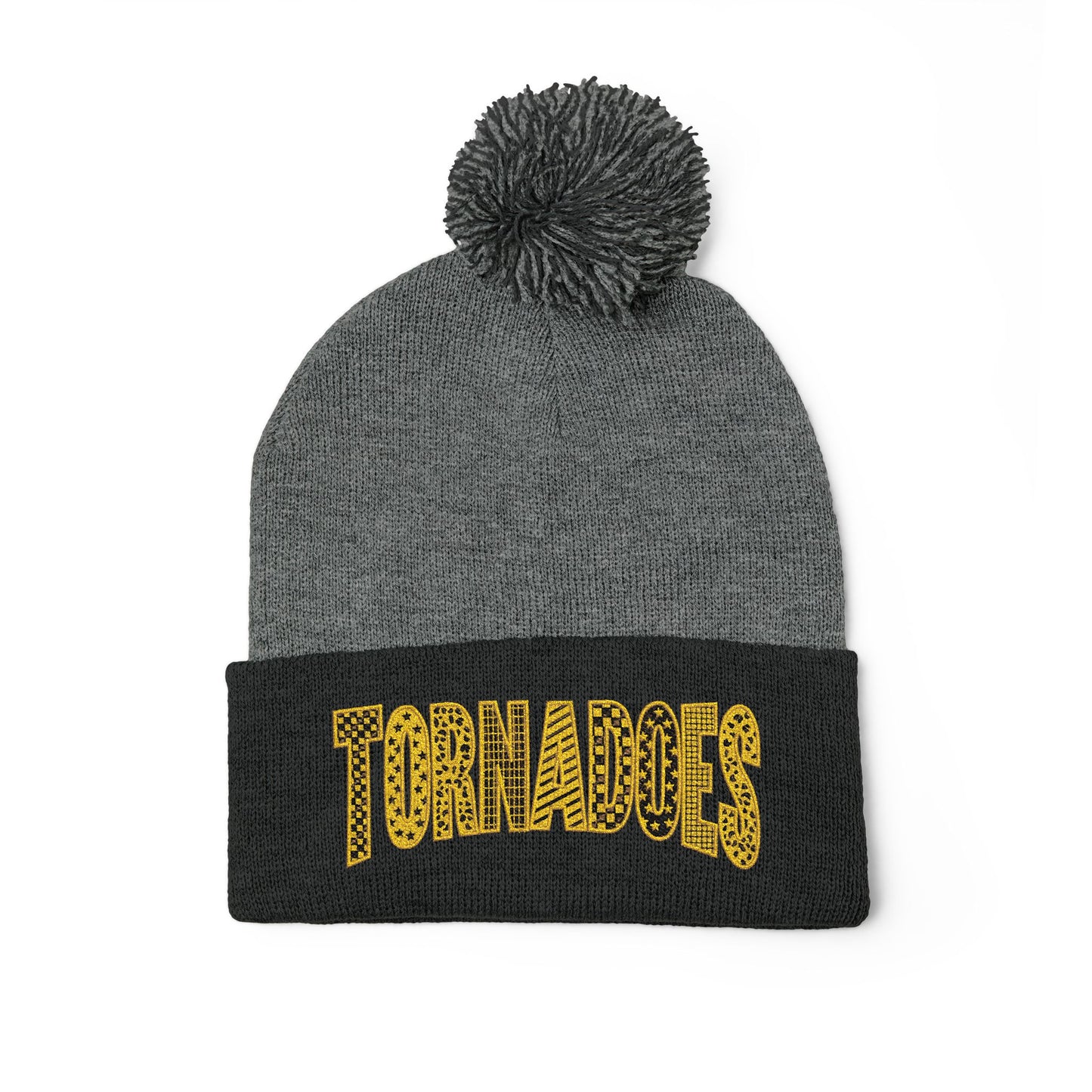Embroidered Pom-Pom Knit Cap — Cozy Winter Beanie with Cuffed Embroidery