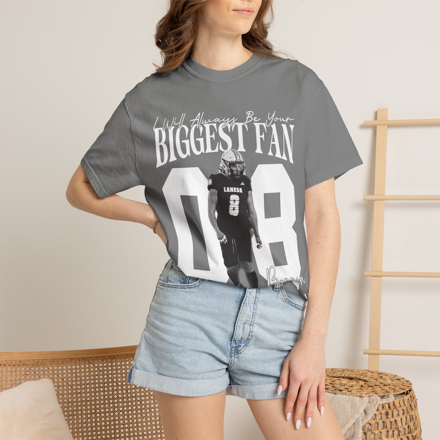 Football Mom T-Shirt — "I'll Always Be Your Biggest Fan" Player Number 08