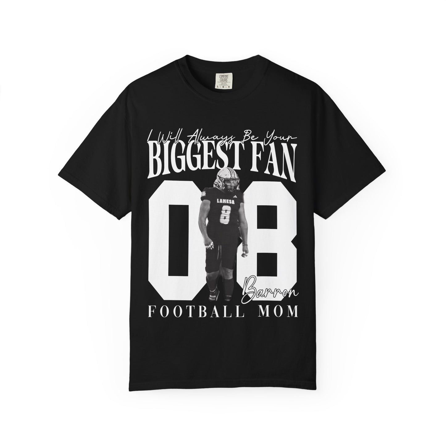 Football Mom T-Shirt — "I'll Always Be Your Biggest Fan" Player Number 08