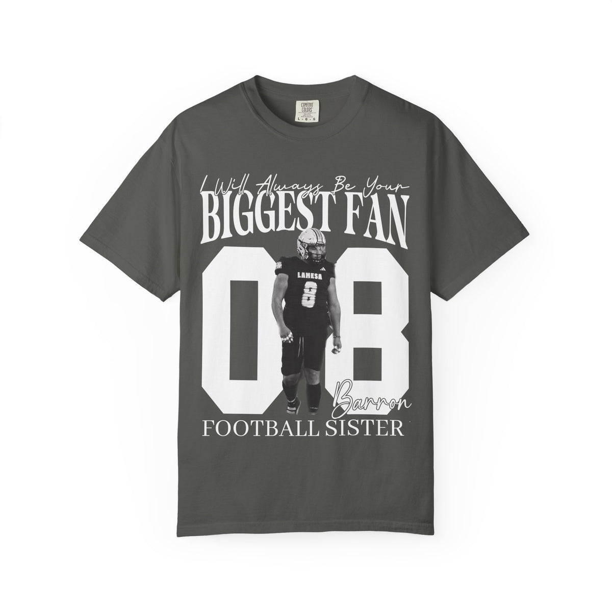 Football Mom T-Shirt — "I'll Always Be Your Biggest Fan" Player Number 08