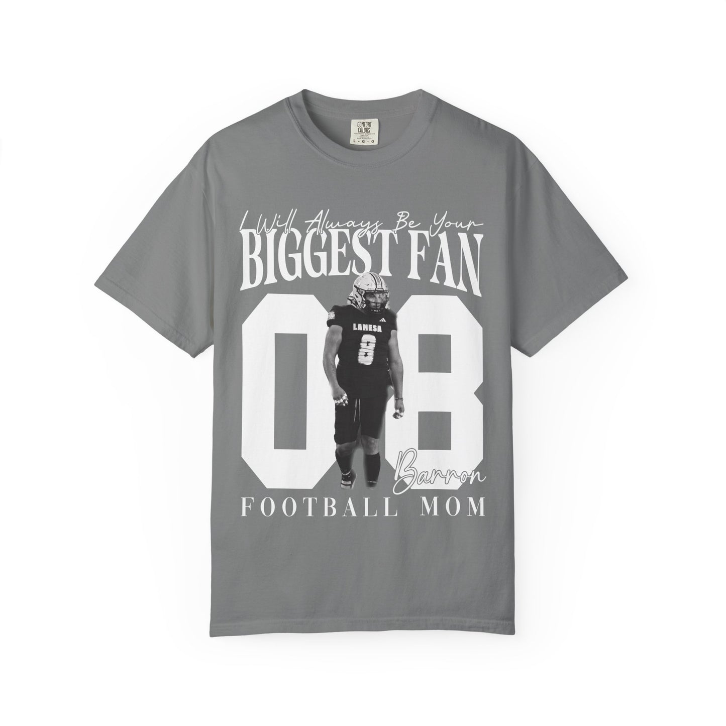 Football Mom T-Shirt — "I'll Always Be Your Biggest Fan" Player Number 08