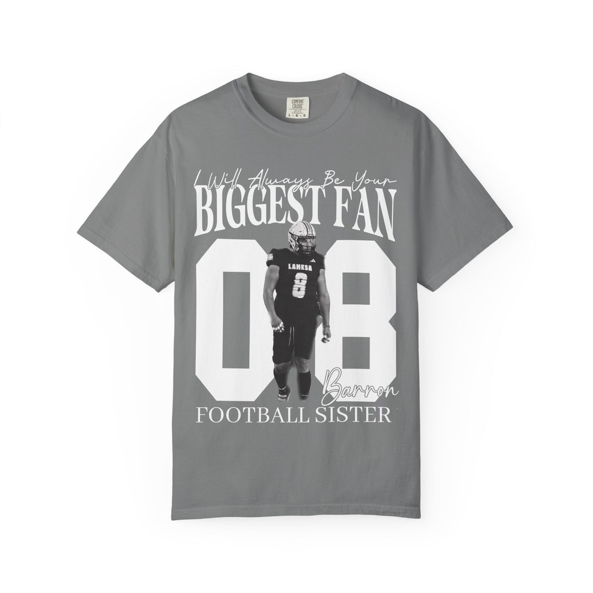 Football Mom T-Shirt — "I'll Always Be Your Biggest Fan" Player Number 08