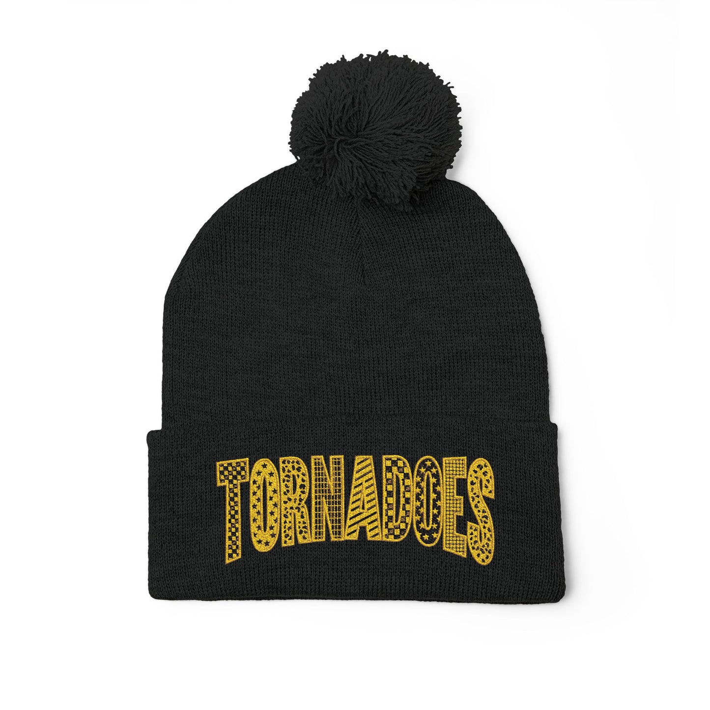 Embroidered Pom-Pom Knit Cap — Cozy Winter Beanie with Cuffed Embroidery